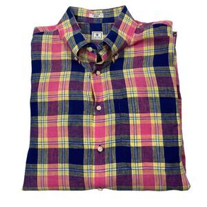 Peter Millar Men's Plaid Yellow/Blue /Pink Button Front Linen Shirt XL‎